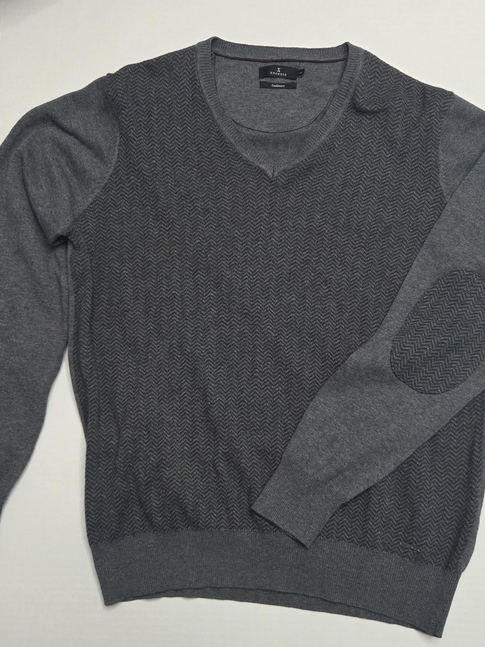 Men's Charcoal Cashmere V-Neck Sweater with Elbow Patches